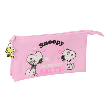 Portatodo triple rosa de Snoopy con tres compartimentos
