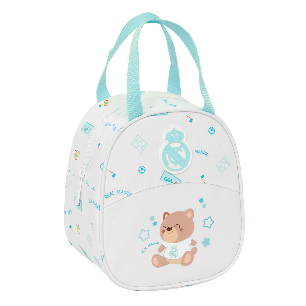 Bolsa portameriendas Baby Real Madrid blanca con oso y escudo