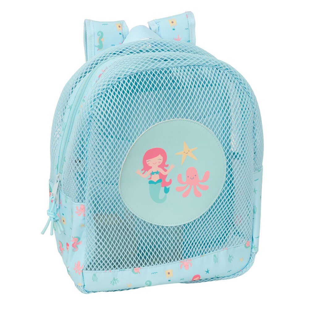 Mochila antiarena SAFTA Sirena azul turquesa con rejilla y motivos marinos