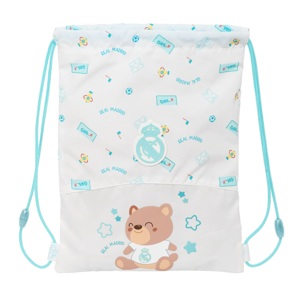 Saco Baby Real Madrid blanco con escudo y oso infantil