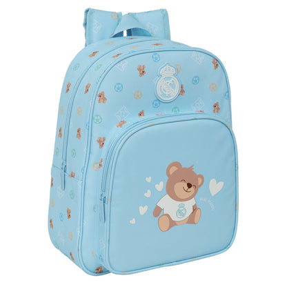 Mochila Baby azul claro del Real Madrid con oso y estampado de balones
