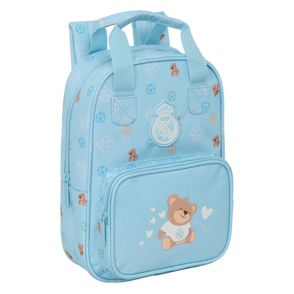 Mochila infantil azul Baby Real Madrid con osito y bolsillo frontal