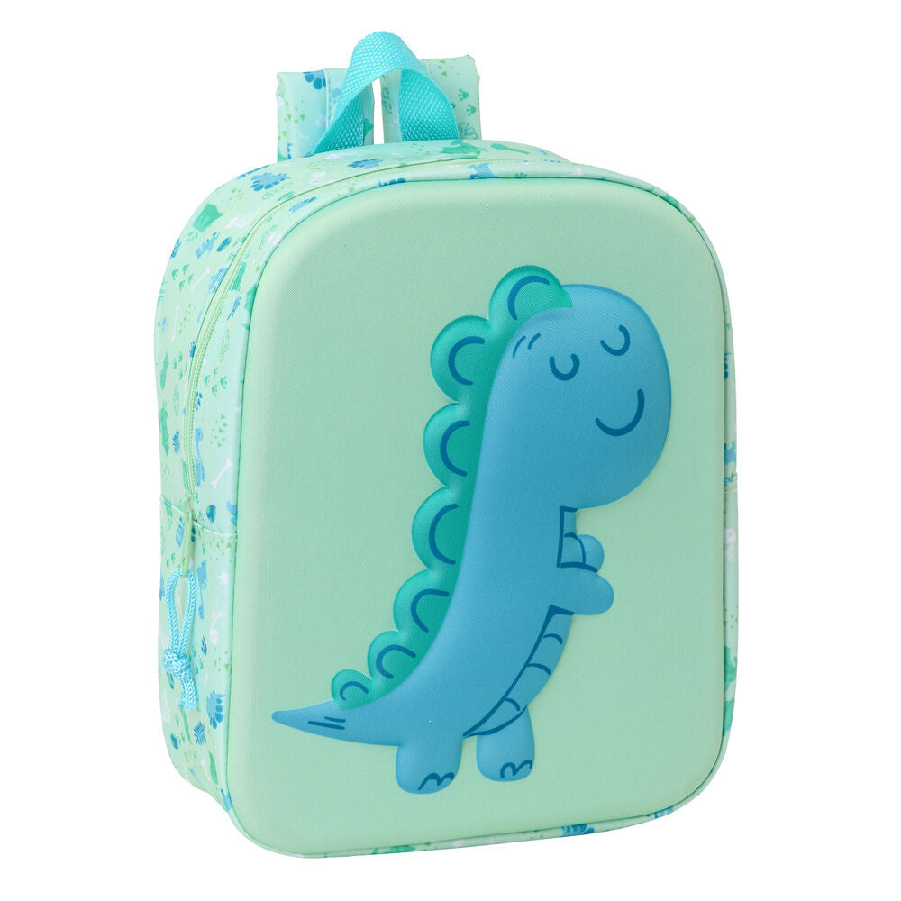 Mochila 3D verde menta con dinosaurio azul