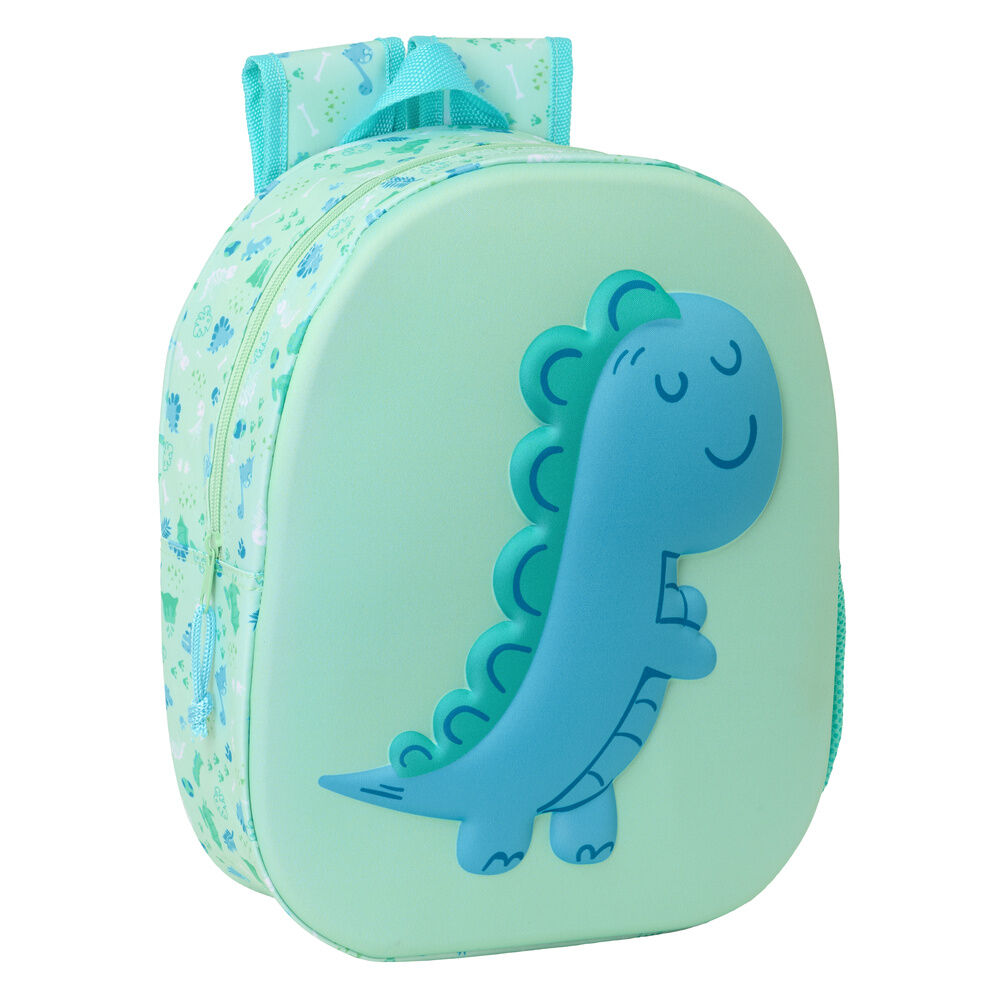 Mochila infantil verde agua con dinosaurio azul en relieve