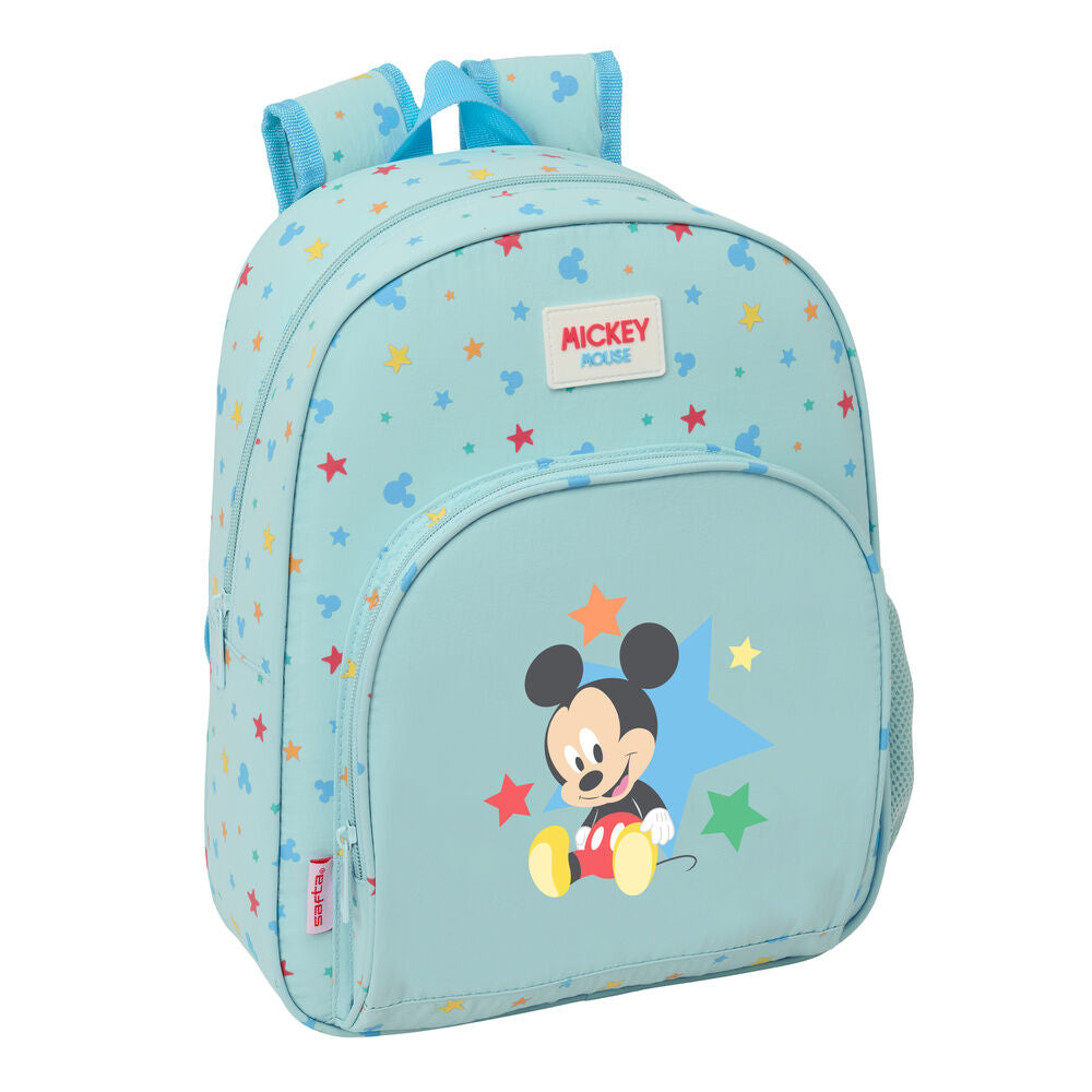 Mochila Baby Mickey Disney azul claro con estrellas y bolsillo frontal