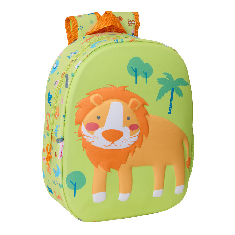 Mochila infantil verde SAFTA con diseño 3D de un león