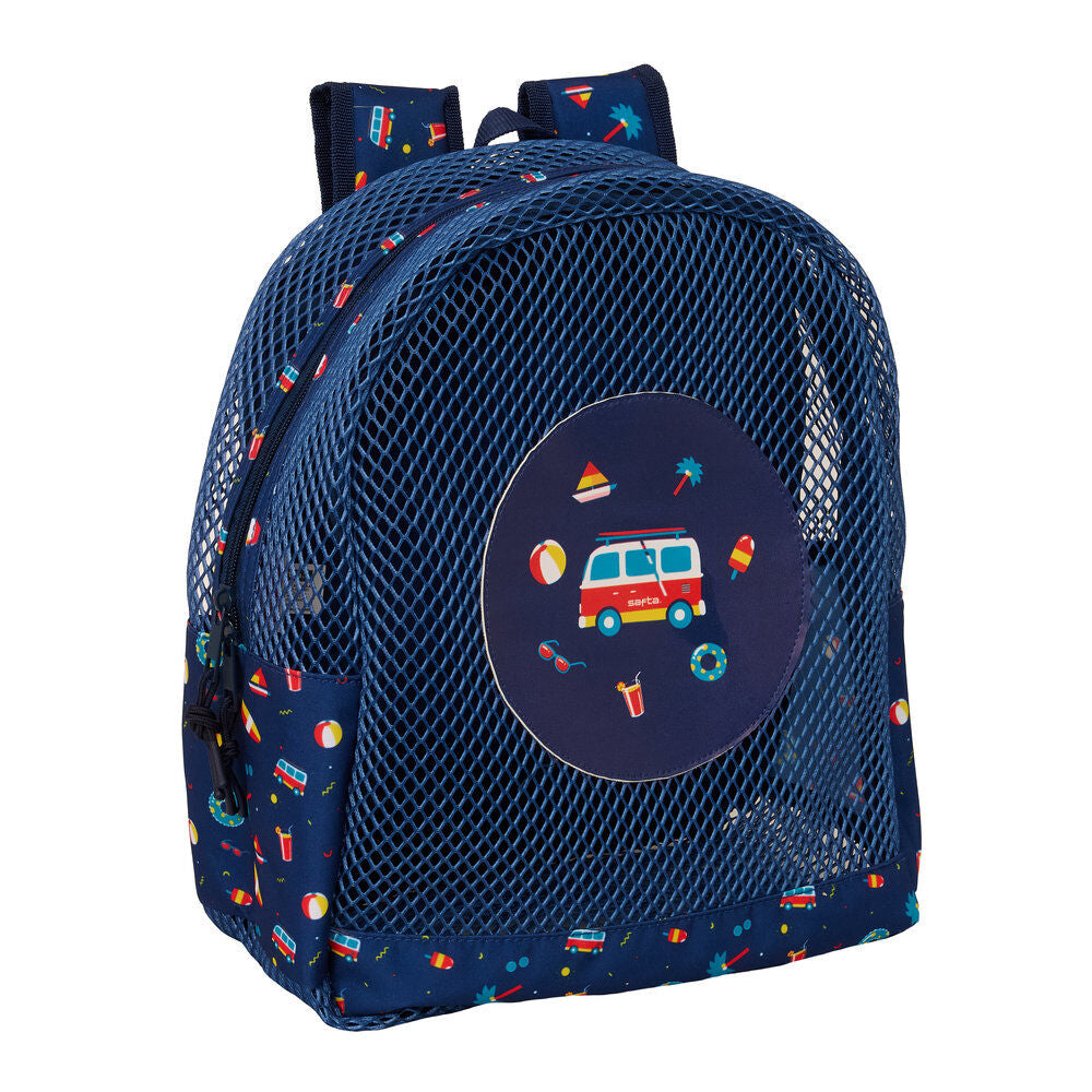 Mochila antiarena Surf SAFTA azul marino con rejilla y estampado de playa