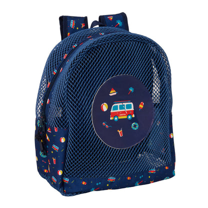 Mochila antiarena Surf SAFTA azul marino con rejilla y estampado de playa