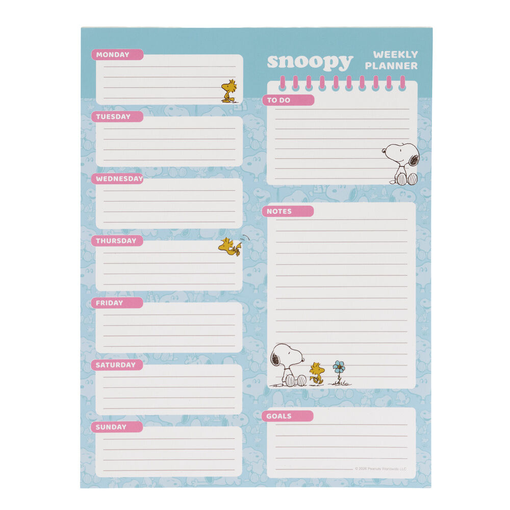 Planificador semanal Snoopy azul con secciones diarias, notas y objetivos