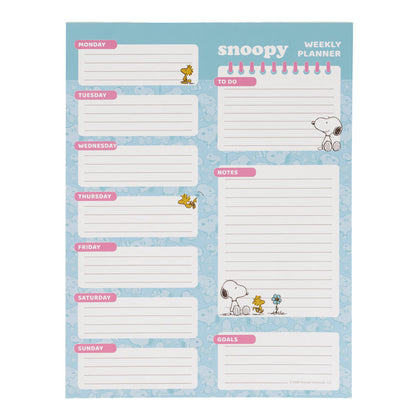 Planificador semanal Snoopy azul con secciones diarias, notas y objetivos