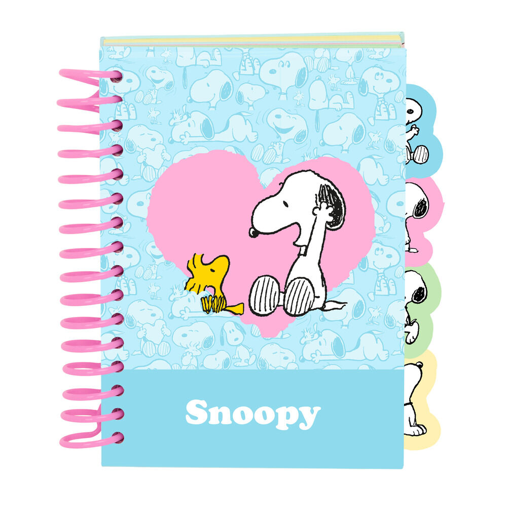 Cuaderno A6 Snoopy azul y rosa con tapas duras y separadores