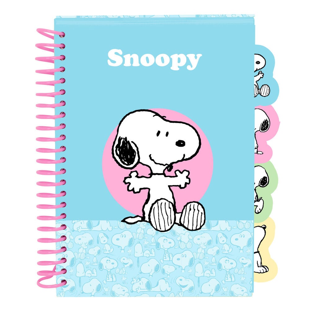 Cuaderno A5 azul de Snoopy con espiral rosa y separadores