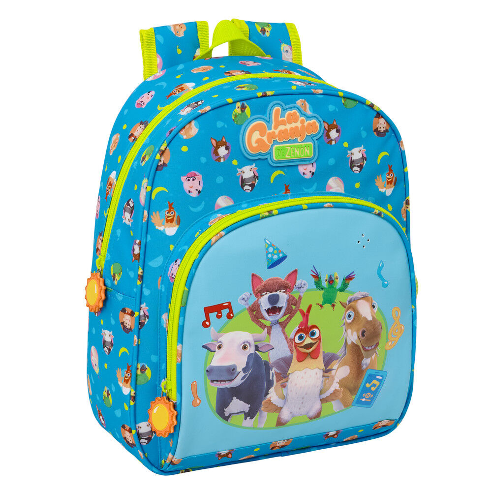 Mochila azul de La Granja de Zenón con altavoz y bolsillo frontal