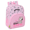 Mochila rosa de Snoopy con rayas, bolsillo frontal y portabotellas lateral