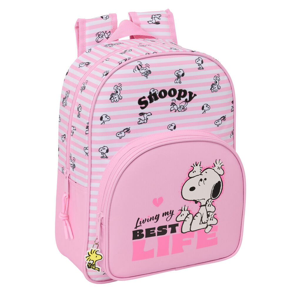 Mochila rosa de Snoopy con rayas, bolsillo frontal y portabotellas lateral