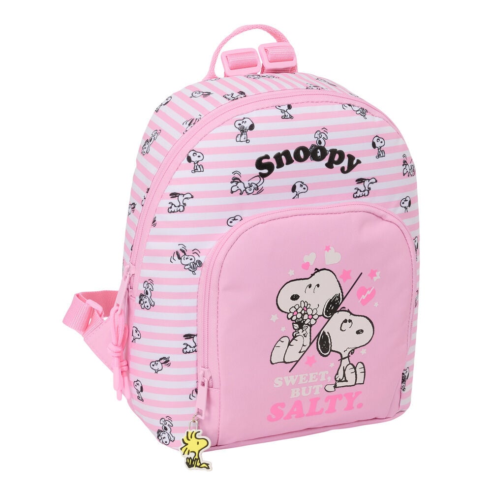 Mochila rosa SAFTA de Snoopy con rayas y bolsillo frontal