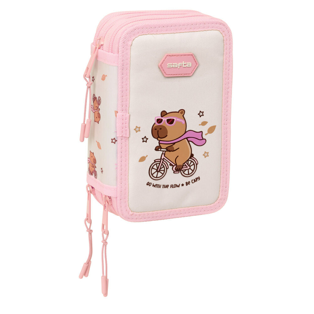 Plumier triple rosa Capibara SAFTA con tres compartimentos