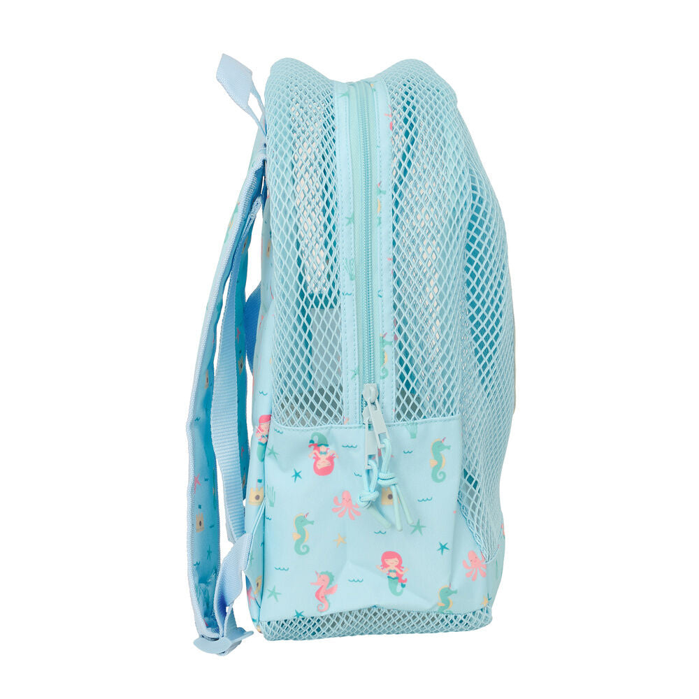 Mochila antiarena SAFTA Sirena azul turquesa con rejilla y motivos marinos - 3