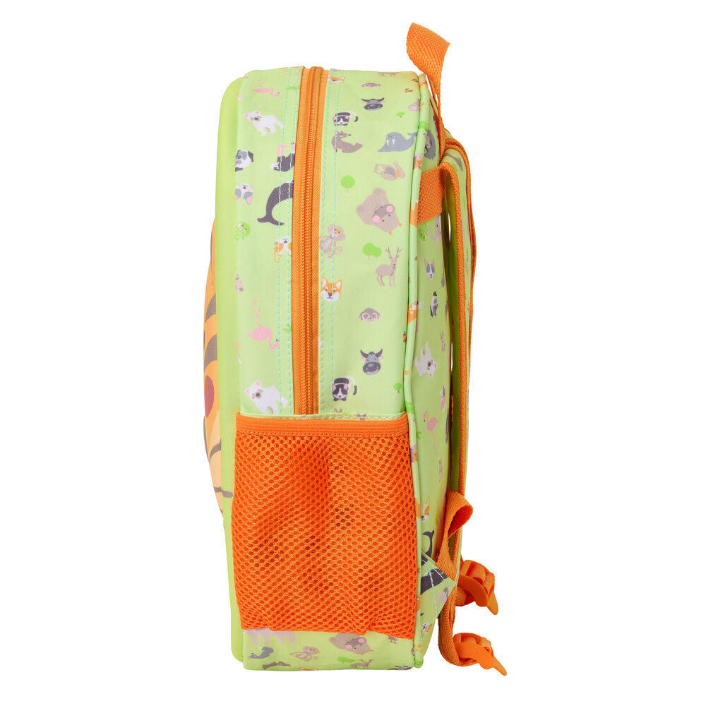 Mochila 3D verde con cara de tigre y detalles naranjas - 3