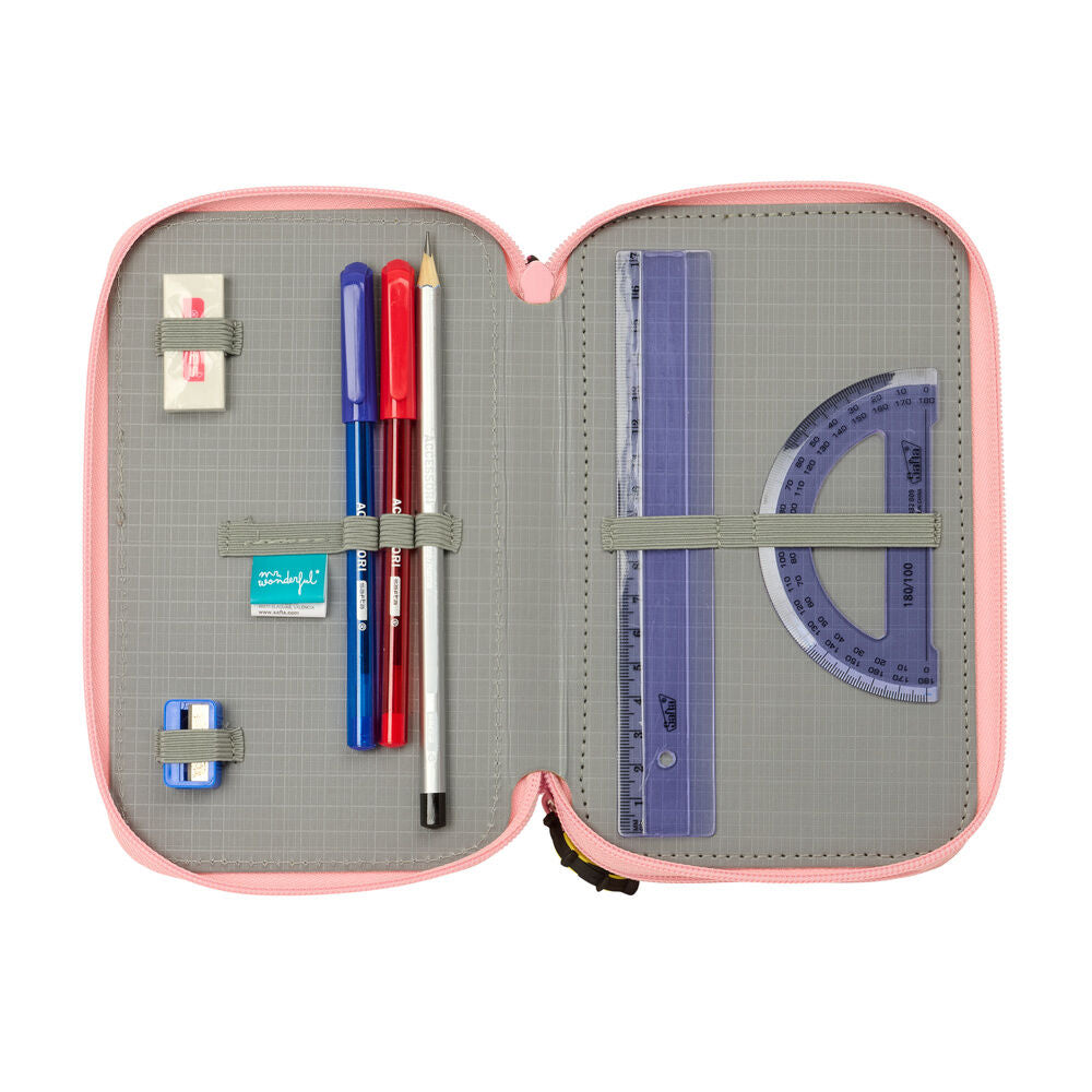 Portatodo triple rosa Mr. Wonderful con tres compartimentos y material escolar - 4