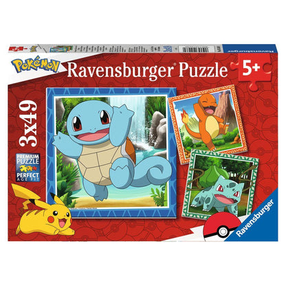 Caja de tres puzzles Pokémon Ravensburger con Pikachu, Squirtle, Charmander y Bulbasaur