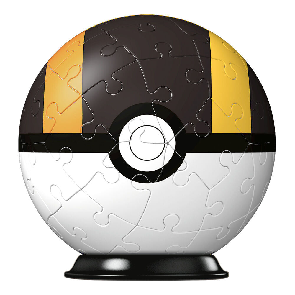 Puzzle 3D Pokémon Hyperball negra de Ravensburger sobre su soporte