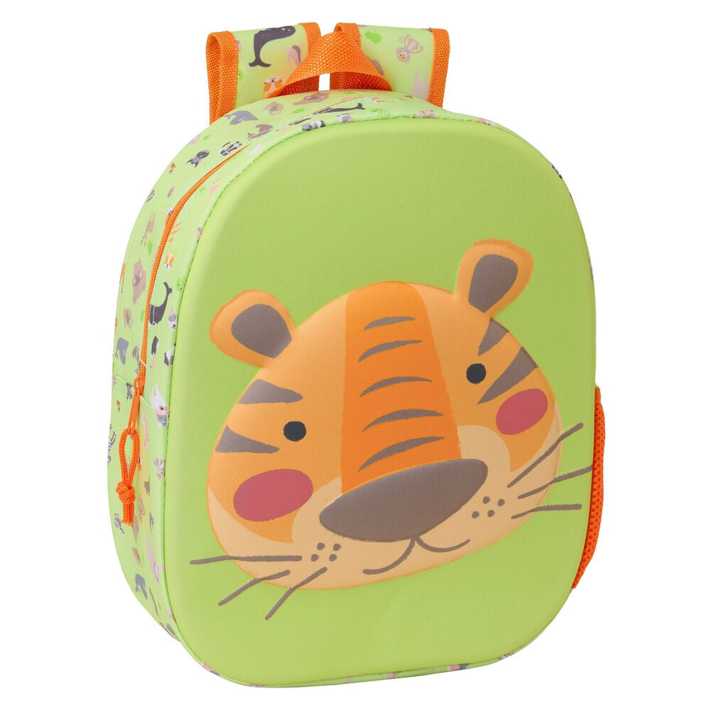 Mochila 3D verde con cara de tigre y detalles naranjas - 4