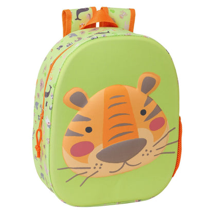 Mochila 3D verde con cara de tigre y detalles naranjas - 4