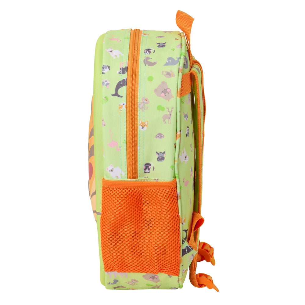 Mochila 3D verde con cara de tigre y detalles naranjas - 6