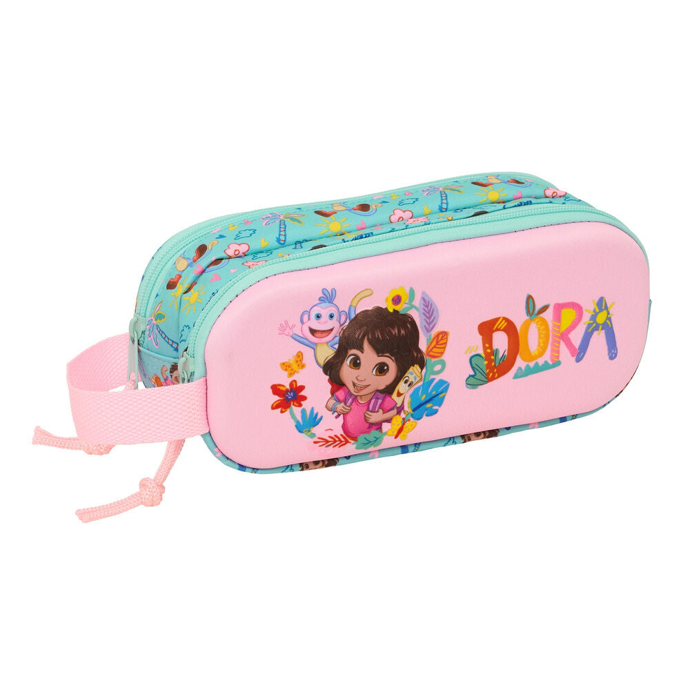 Portatodo doble 3D rosa y turquesa de Dora Exploradora con dos cremalleras