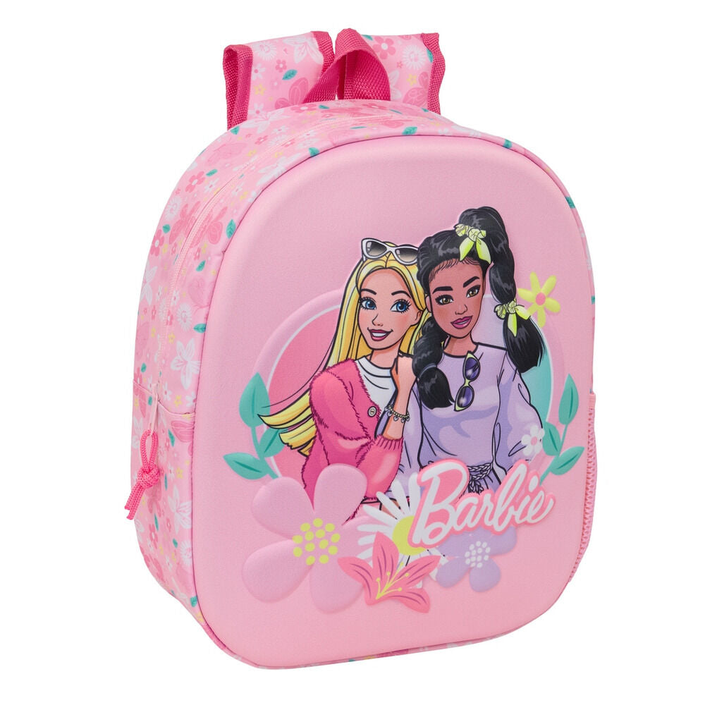 Mochila 3D Barbie rosa con estampado floral y bolsillo lateral