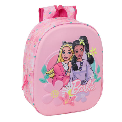 Mochila 3D Barbie rosa con estampado floral y bolsillo lateral