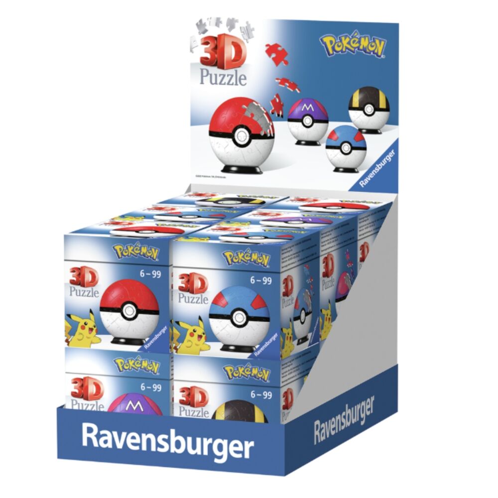 Expositor Ravensburger con puzzles 3D Pokémon en forma de Poké Ball