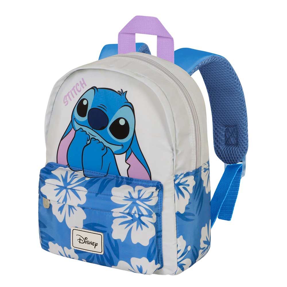 Mochila Stitch Disney azul con estampado floral y bolsillo frontal