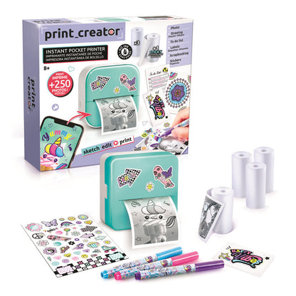 Impresora térmica de bolsillo Photo Creator turquesa con rollos y accesorios
