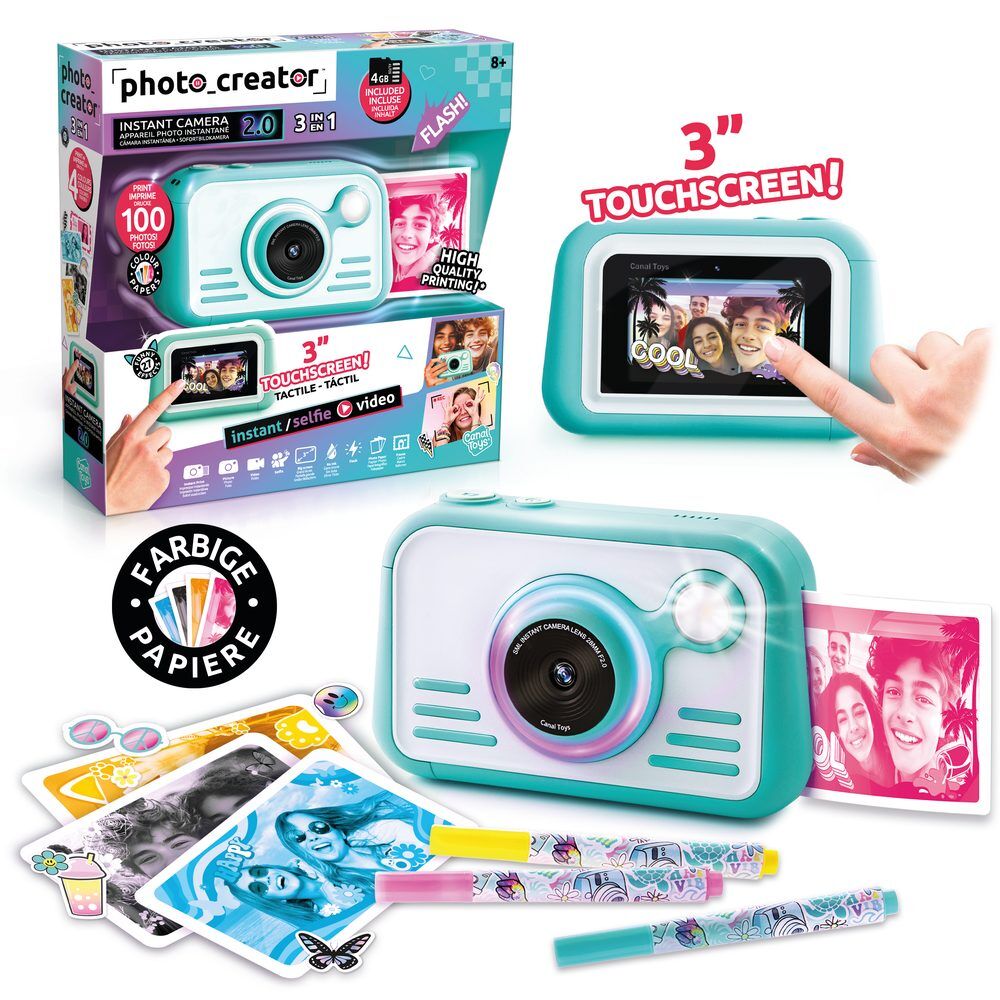 Cámara instantánea Photo Creator 2.0 turquesa con pantalla táctil y fotos impresas