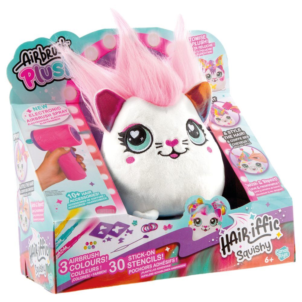 Peluche squishy Airbrush Plush de gatito con pelo rosa y accesorios