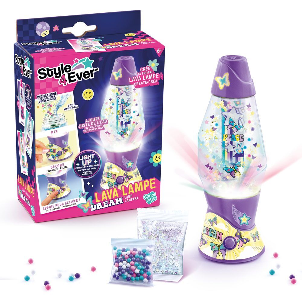 Lámpara infantil Style 4Ever morada con confeti, cuentas y luz multicolor