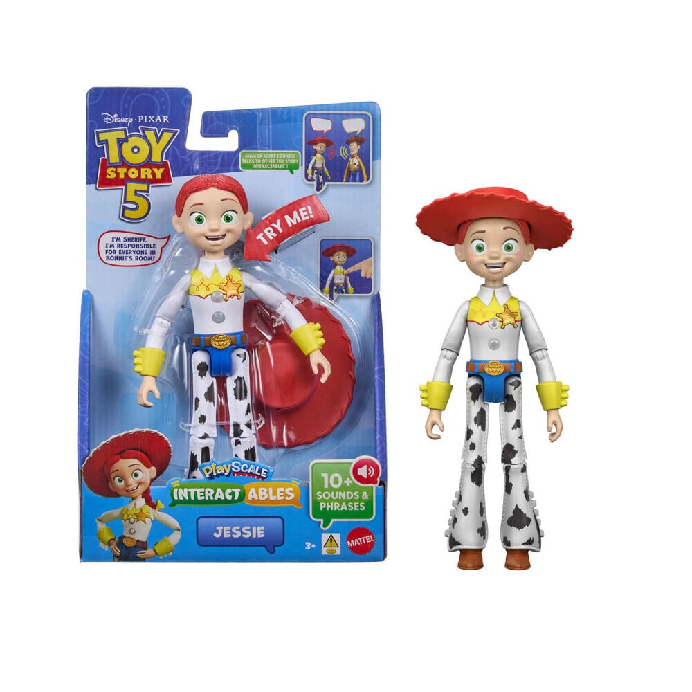 Figura parlante articulada de Jessie de Toy Story 5 con sombrero rojo y placa de sheriff