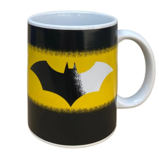 Taza de cerámica Batman DC Comics negra y amarilla con símbolo del murciélago