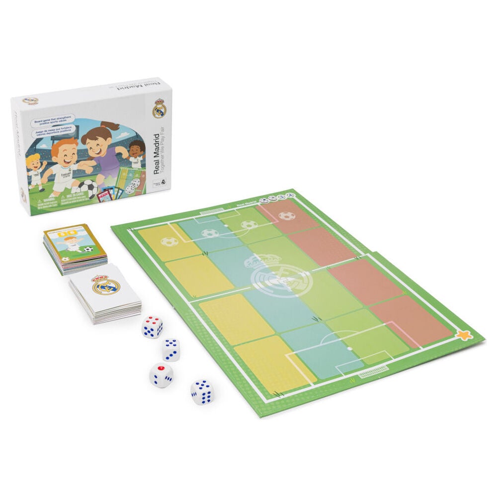 Juego de mesa Juntos Jugamos Real Madrid con tablero, dados, peones y tarjetas