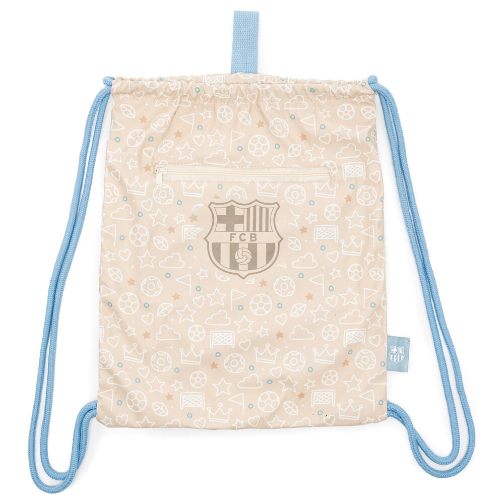 Saco infantil F.C. Barcelona beige con cordones azules y bolsillo frontal - 2