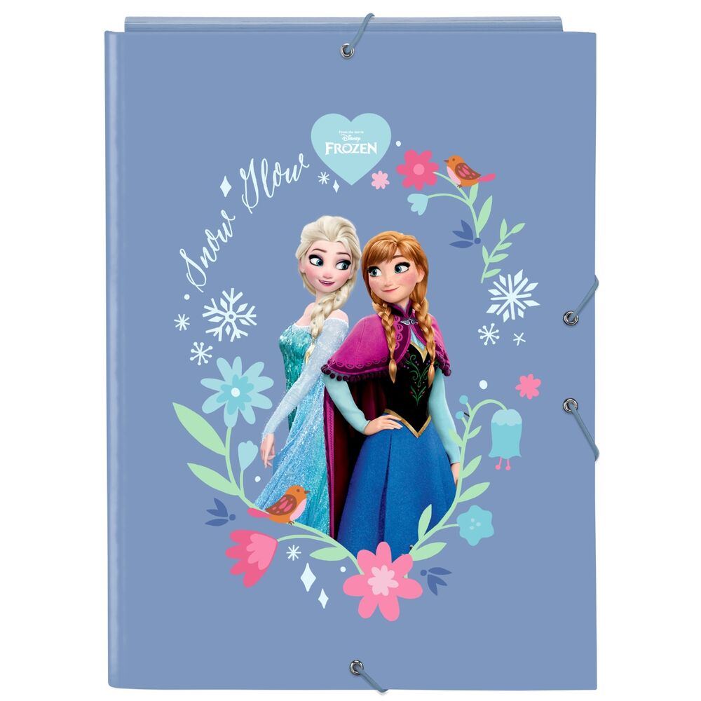 Carpeta Frozen Disney azul con Elsa y Anna, 3 solapas y cierre con gomas