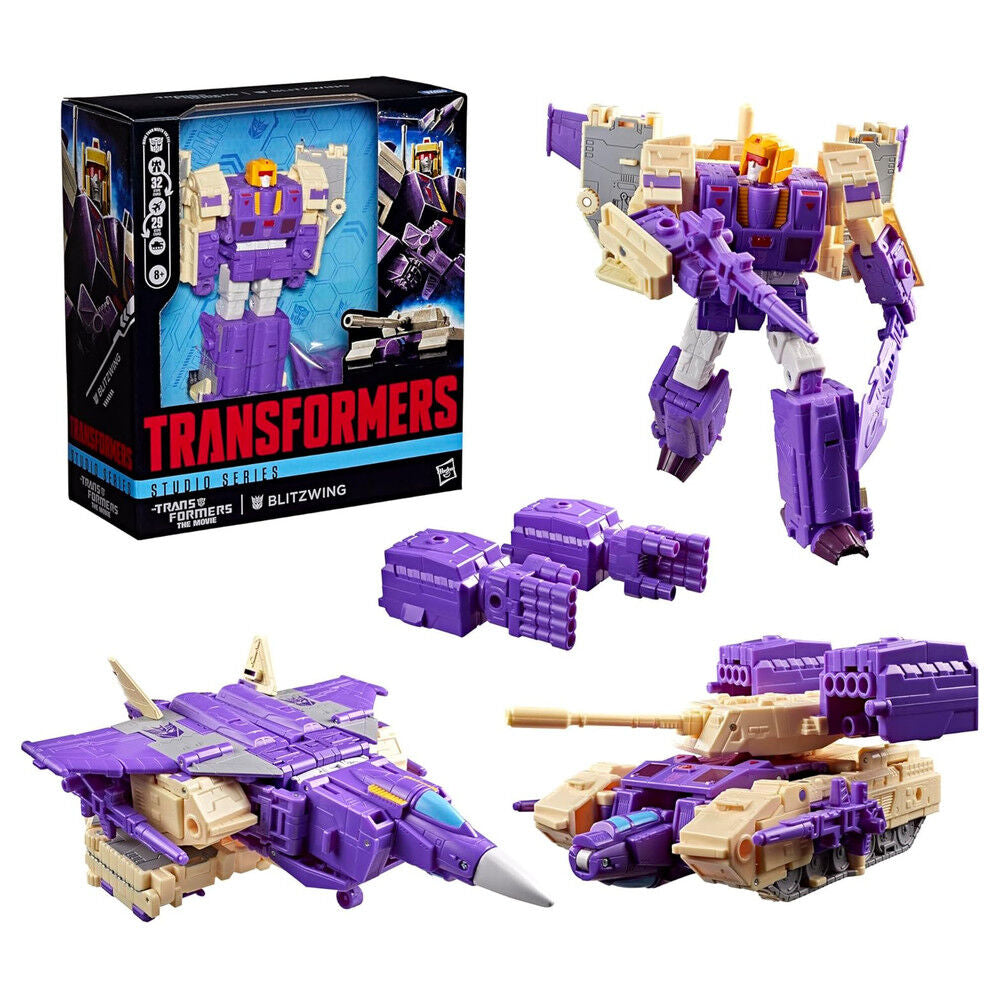 Figura articulada Blitzwing Transformers Studio Series en morado y beige
