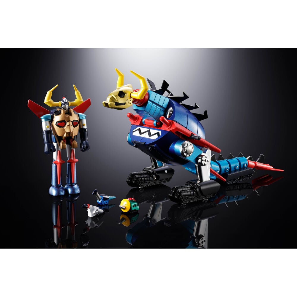 Figura Daikumaryu Gaiking Dino Mech azul y roja con cuernos y orugas - 2