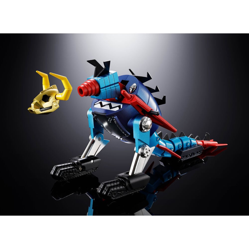 Figura Daikumaryu Gaiking Dino Mech azul y roja con cuernos y orugas - 3