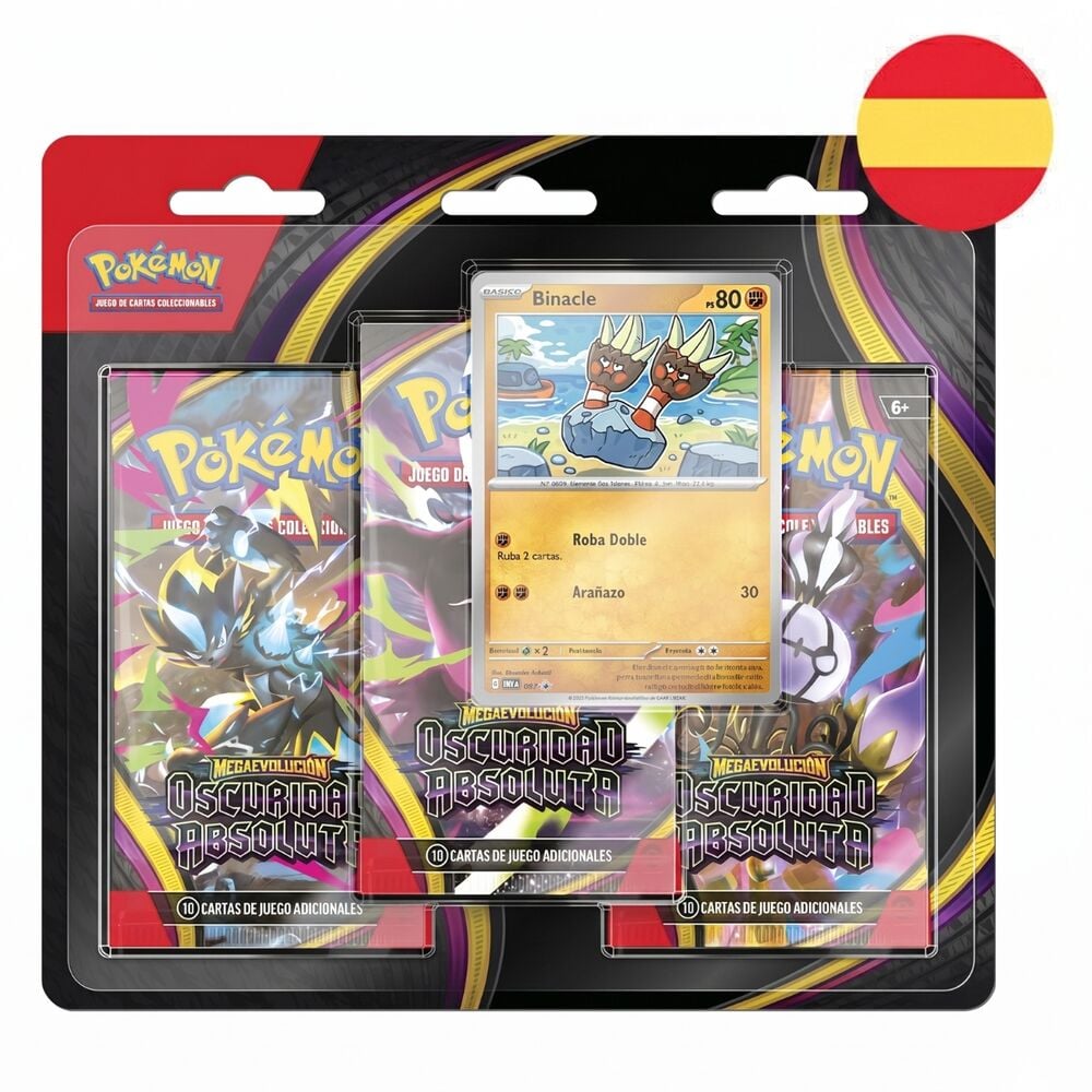 Blíster Pokémon TCG Megaevolución: Oscuridad Absoluta con tres sobres y carta promocional de Binacle
