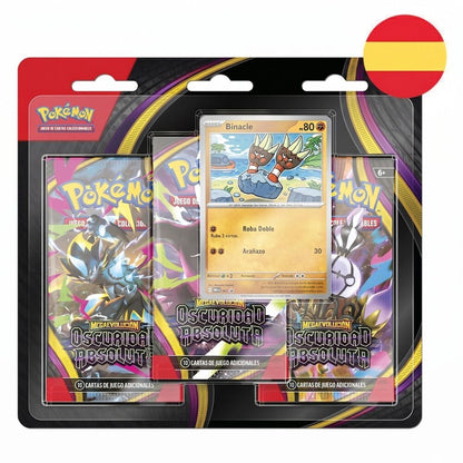 Blíster Pokémon TCG Megaevolución: Oscuridad Absoluta con tres sobres y carta promocional de Binacle