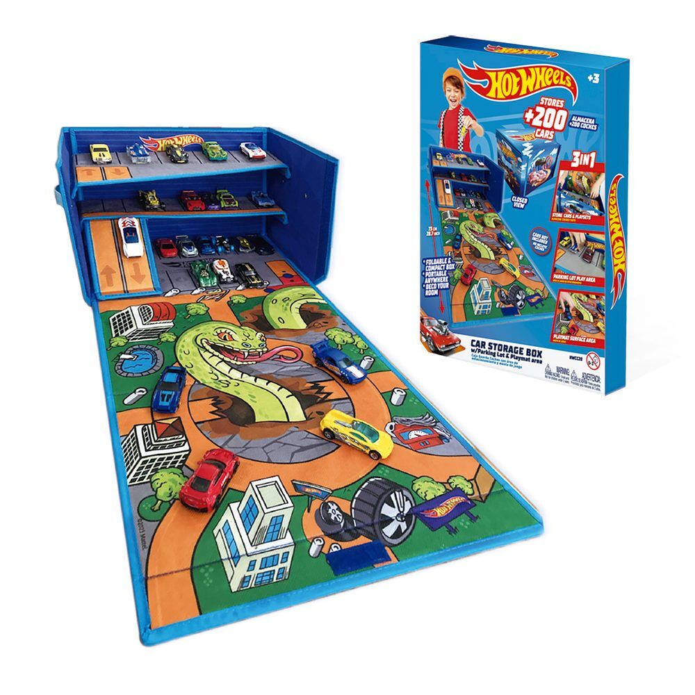 Caja organizadora Hot Wheels abierta con pista y zona de juego