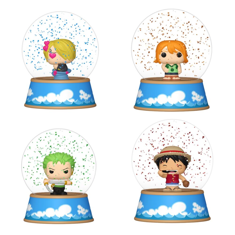Mini bolas de nieve FUNKO de One Piece con Luffy, Zoro, Nami y Sanji